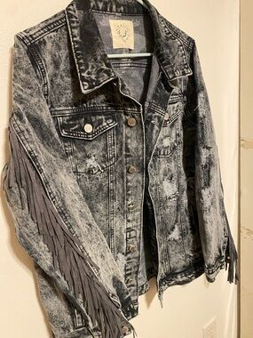 Fantastic Fawn Black Acid-Wash Denim Jacket with Fringe Sleeves